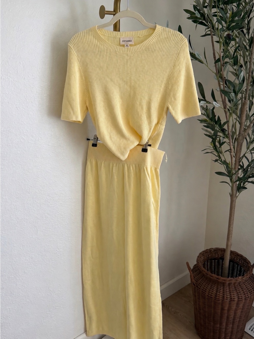 Cotierra Butter Yellow Ribbed Knit Skirt Set S Pastel Co-ord Midi Cottage Core
